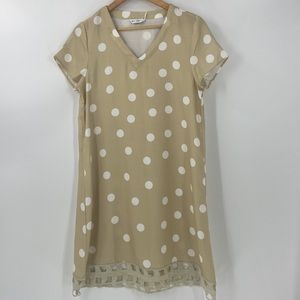 Polka dot beige shift dress with lace border neutral colors womens New with tag